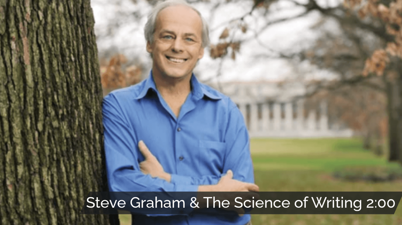 SRSD researcher Steve Graham leans against a tree with the title, “The science of writing